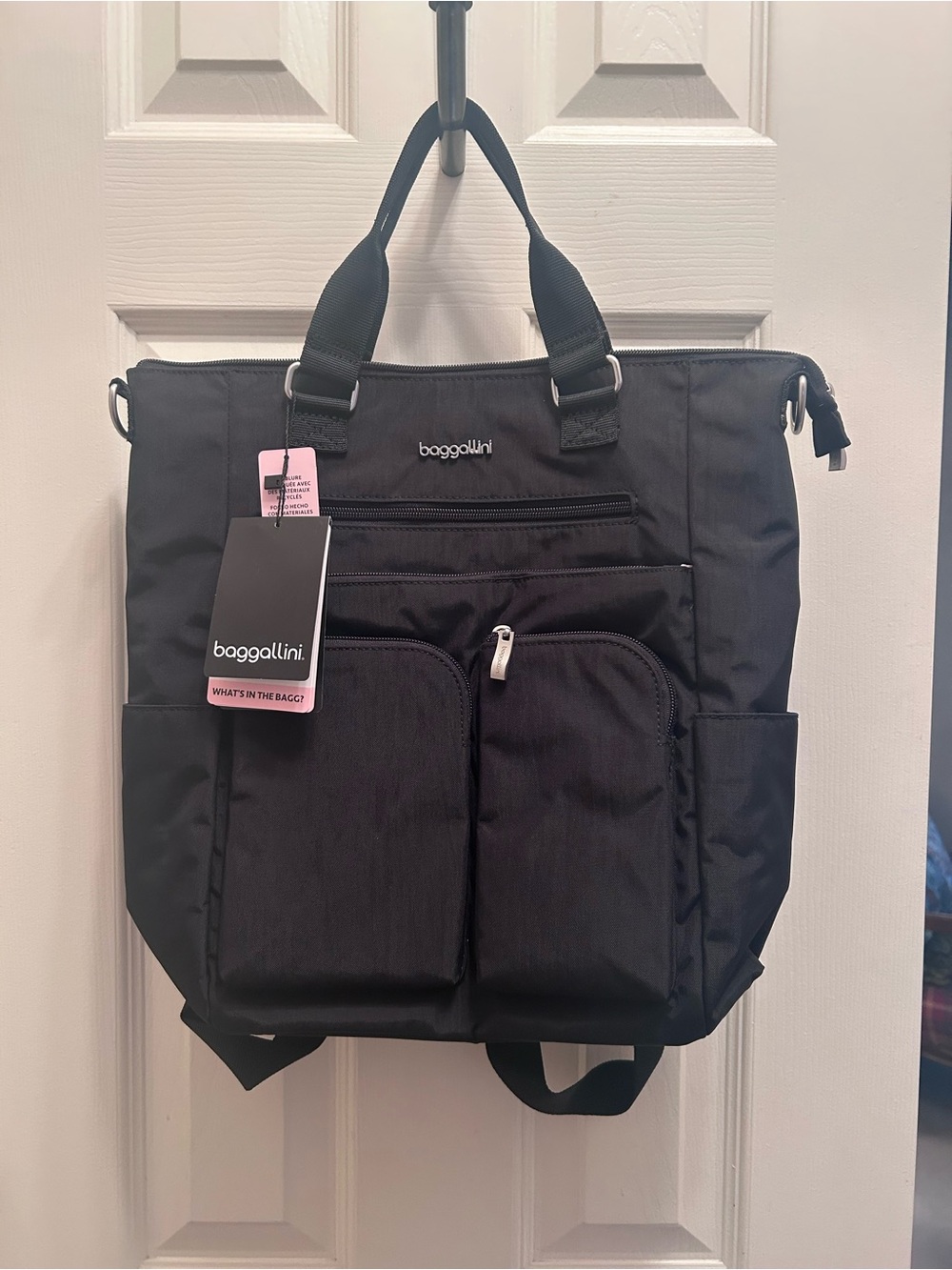 Baggallini 3-in-1 Black Nylon Tote
Backpack w/Dual Front Zip&Convertible Straps.